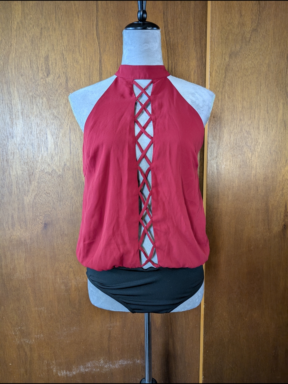Charlotte Russe Red Halter Lace-Up Front Bodysuit